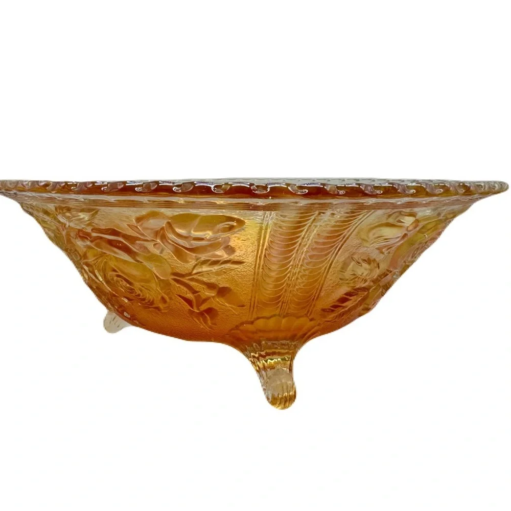 Vintage 11” Imperial Glass Open Lustre Rose Marigold Glass Large Footed Bowl